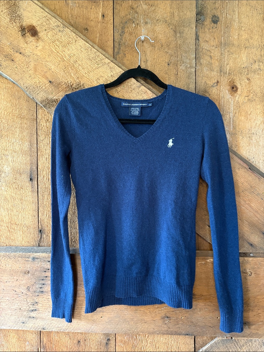 Ralph Lauren Navy V-Neck Wool Blend Sweater with Pony Logo